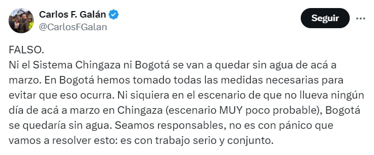 Carlos Fernando Galán desmintió que Bogotá se vaya a quedar sin agua para marzo de 2025 - crédito @CarlosFGalan/X