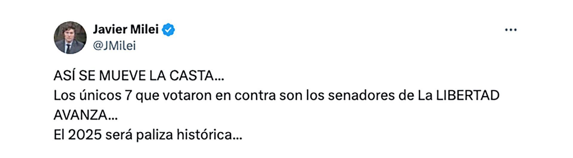 El tuit de Javier Milei en contra del aumento salarial de los senadores