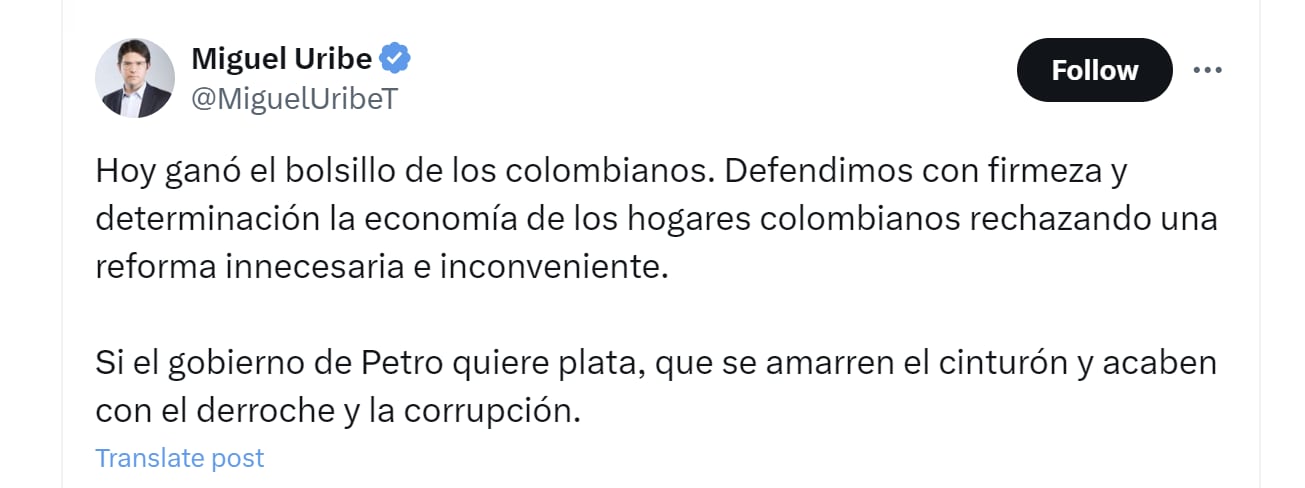 El senador Miguel Uribe celebró hundimiento del monto propuesto por el Gobierno para el presupuesto de 2025 - crédito @MiguelUribeT/X