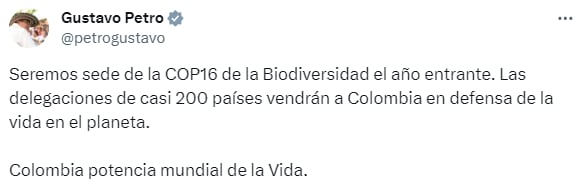 Petro confirmó la COP16 en Colombia - crédito X