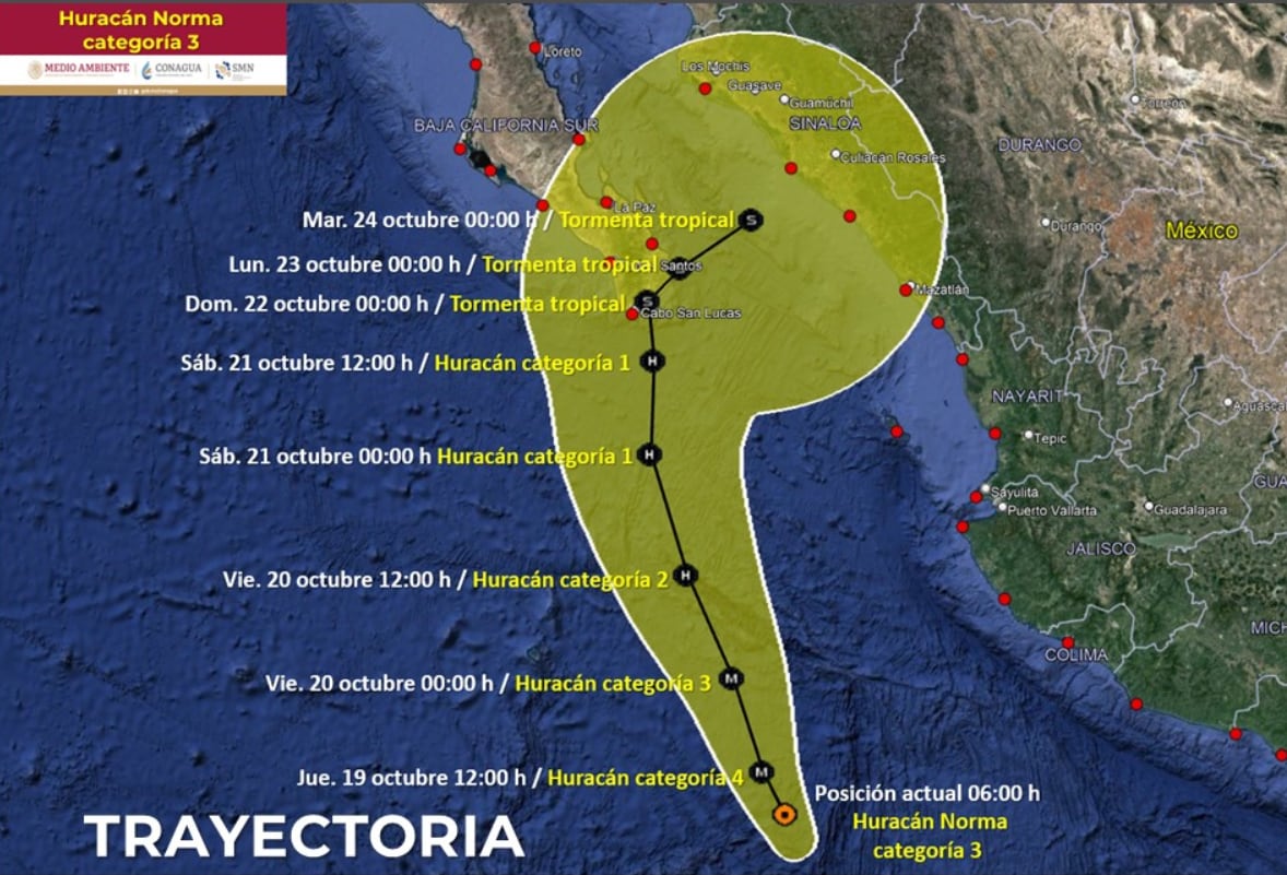 Esta es la trayectoria que podría seguir el huracán Norma en próximas horas. Foto: SMN