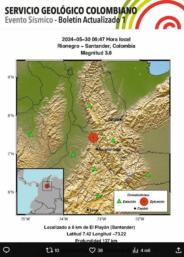 El sismo se presentó minutos antes de las 7 de la mañana en Santander - crédito @sgcol