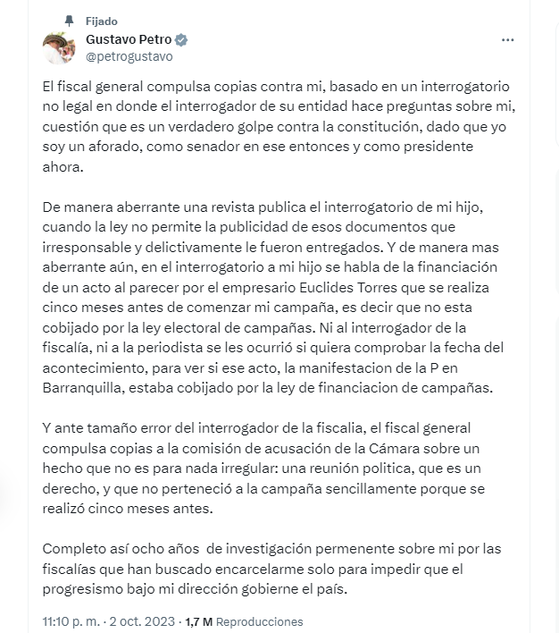 El presidente reaccionó así a la compulsa de copias que hizo la Fiscalía General de la Nación al Consejo Nacional Electoral, la Corte Suprema de Justicia y la Comisión de Investigaciones y Acusaciones de la Cámara de Representantes - crédito @petrogustavo/X