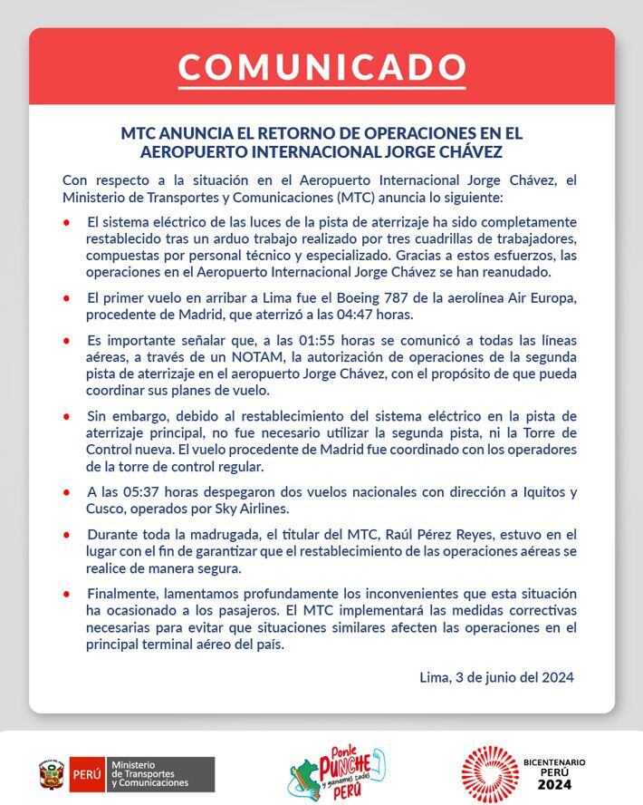 Comunicado del Ministerio de Transportes y Comunicaciones sobre el retorno de operaciones en el aeropuerto Jorge Chávez.