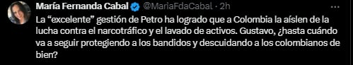 María Fernanda Cabal afirmó que Gustavo Petro busca complacer a los terroristas - crédito @MariaFdaCabal/X