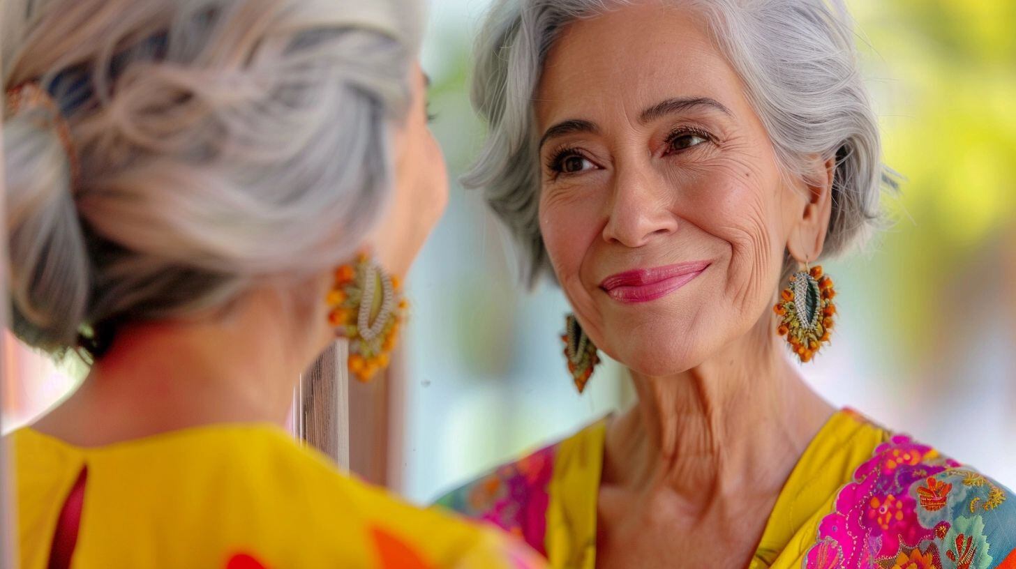 Imagen de una abuela admirando su reflejo, reflejando el cuidado de la piel y el cuerpo, y el amor propio. Su expresión serena transmite una profunda conexión con su bienestar físico y emocional, destacando la importancia de la salud y la autoestima en la tercera edad. (Imagen ilustrativa Infobae)