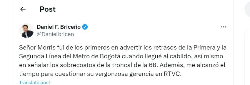 Daniel Briceño le responde al gerente de Rtvc Hollman Morris - crédito @Danielbricen