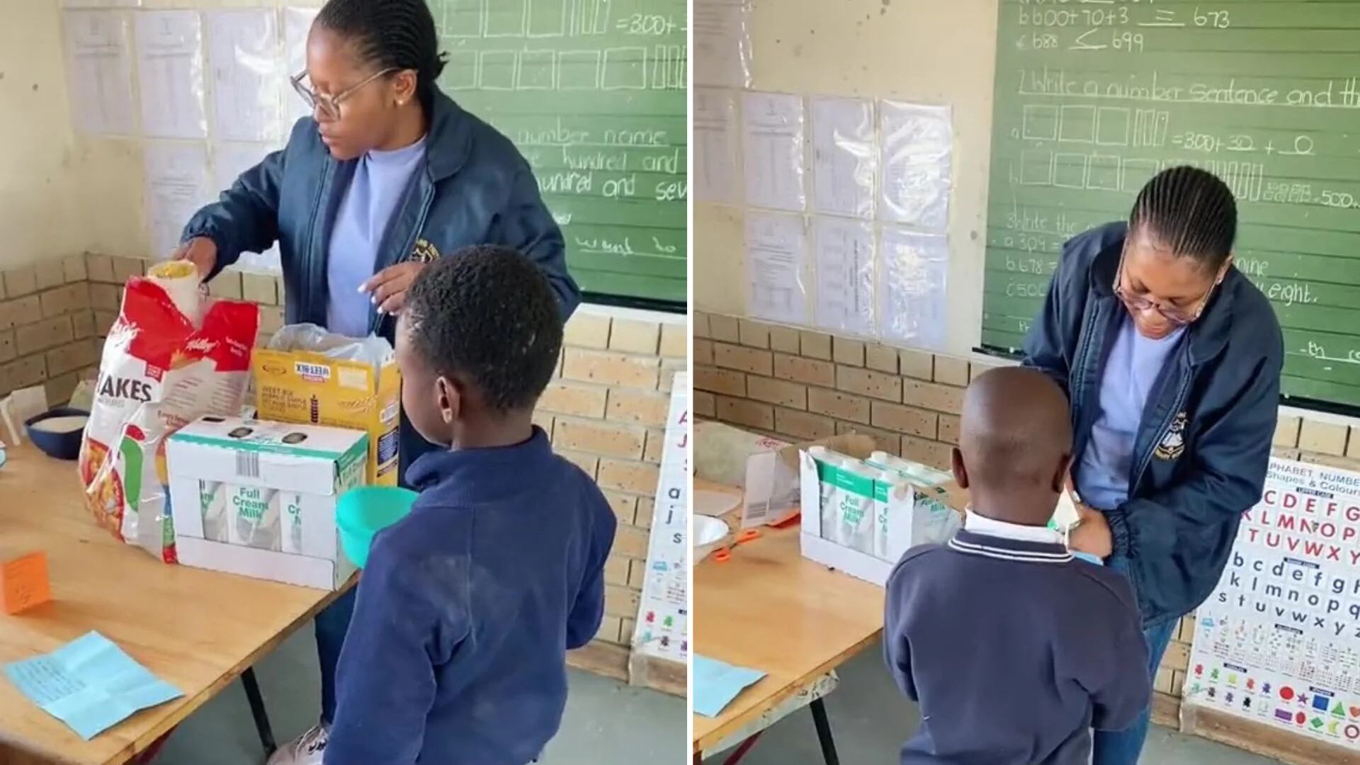 La docente todos los días lleva leche, azúcar y cereal a su escuela (Captura video)