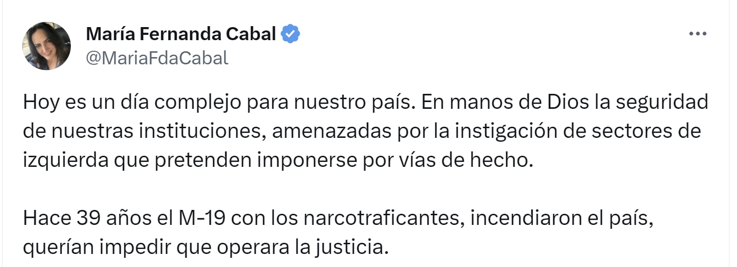 La congresista del Centro Democrático advirtió que se presentarán dificultades en la jornada de protestas a favor del Gobierno nacional - crédito X