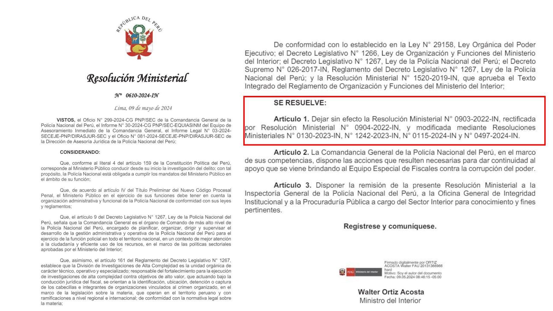 Resolución Ministerial firmada por el titular del Interior, Walter Ortiz