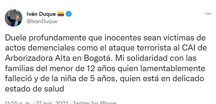 Iván Duque invia un messaggio per l'attacco a Ciudad Bolivar