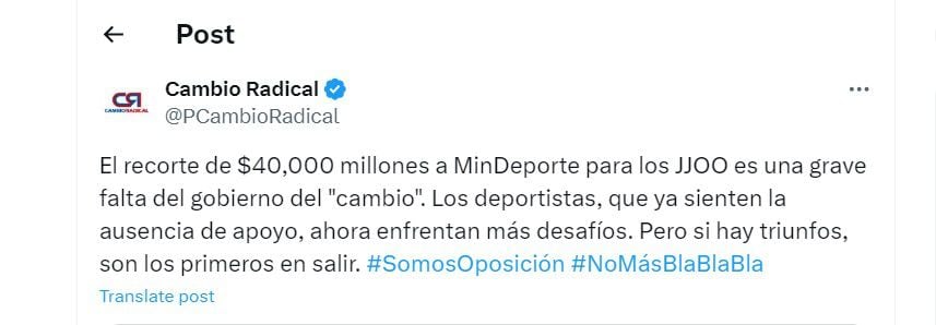 Cambio Radical habla del recorte al Ministerio del Deporte - crédito @PCambioRadical