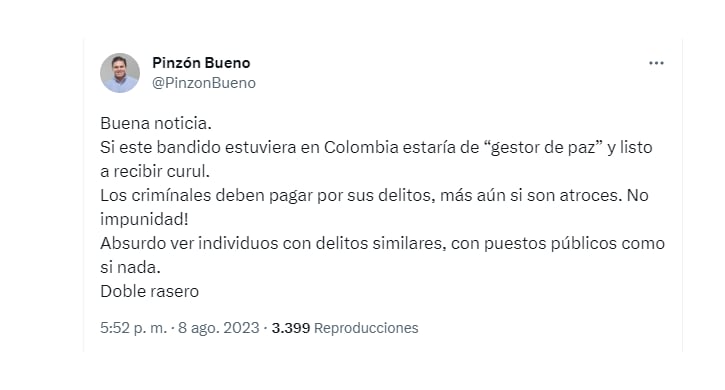 El exembajdor en Estados Unidos Juan Carlos Pinzón Bueno celebró la noticia de la sentencia de alias 'Otoniel'. Foto: Redes Sociales