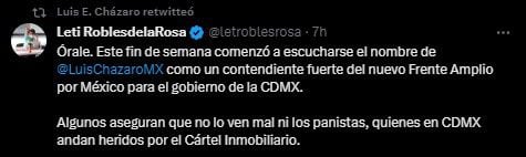 El diputado del PRD compartió las palabras de Leticia Robles de la Rosa (Twitter/@LuisChazaroMX)