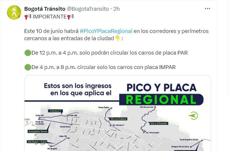 Bogotá Tránsito recordó como será el Pico y Placa Regional el lunes festivo 10 de junio - crédito @BogotaTransito