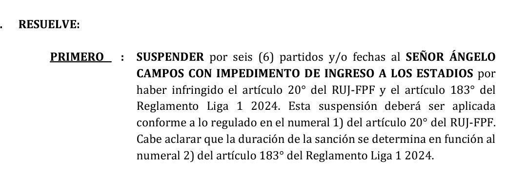 Resolución del Comisión Disciplinaria de la FPF sobre sanción a Ángelo Campos