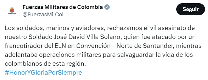 Desde las Fuerzas Militares rechazaron la muerte del soldado José David Villa - crédito @FuerzasMilCol/X