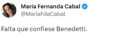 María Fernanda Cabal comentó que a las declaraciones del hijo del presidente se le debe sumar las de Armando Benedetti. Crédito: @MariaFdaCabal / Twitter 