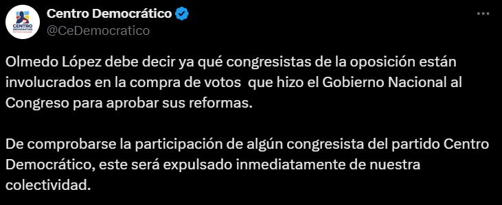 Centro Democrático advirtió que expulsará a congresistas que estén involucrados en el escándalo de la Ungrd - crédito @CeDemocratico/X