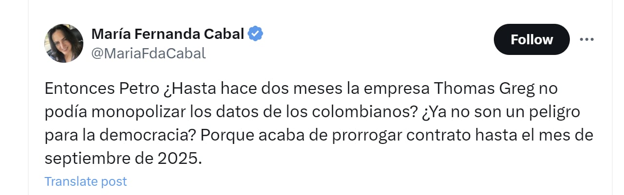 La senadora María Fernanda Cabal cuestionó prórroga del contrato para expedir pasaportes en Colombia - crédito @MariaFdaCabal/X