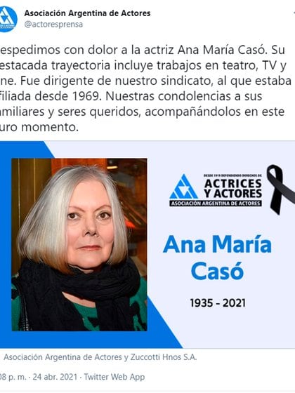 El comunicado de la Asociación Argentina de Actores con el anuncio de la muerte de la actriz Ana María Casó (Foto: Twitter)