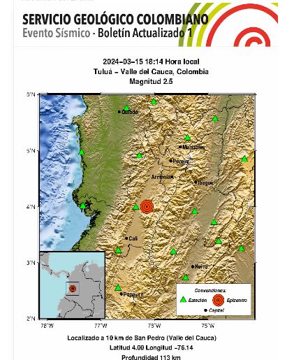 Sismo en Tuluá, Valle del Cauca - crédito Servicio Geológico Colombiano