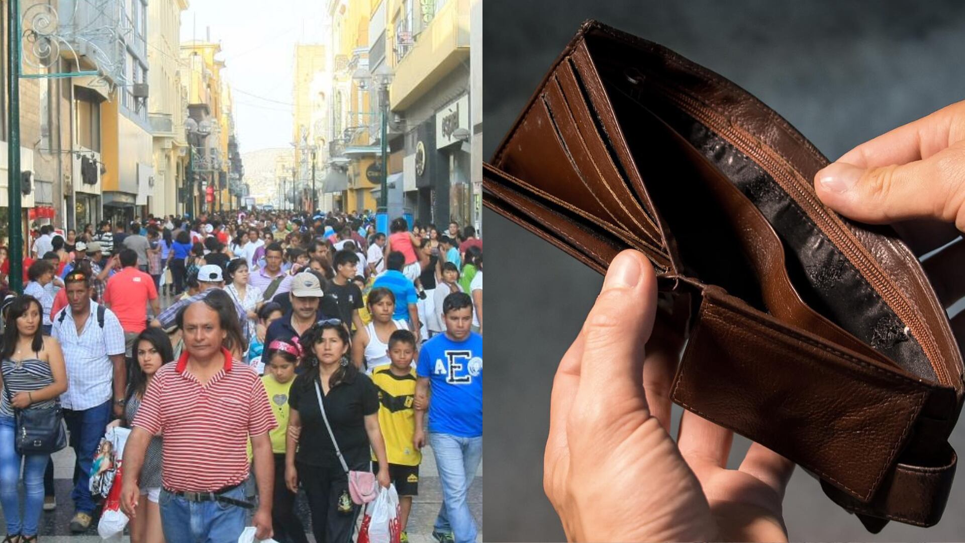 Imagen de mucha gente en calle Jirón de la Unión en Perú, y foto de manos abriendo una billetera vacía