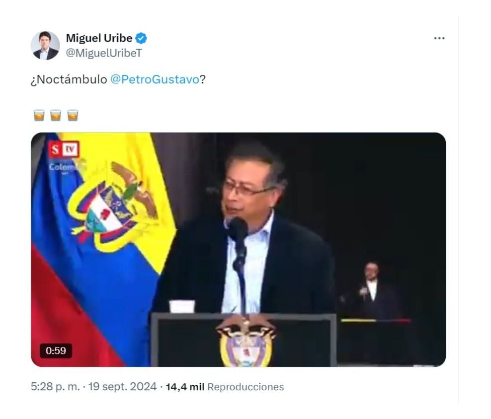 Con este particular mensaje, el senador Miguel Uribe le respondió al presidente Gustavo Petro sobre su afición a la vida nocturna y su getión - crédito @MiguelUribeT/X