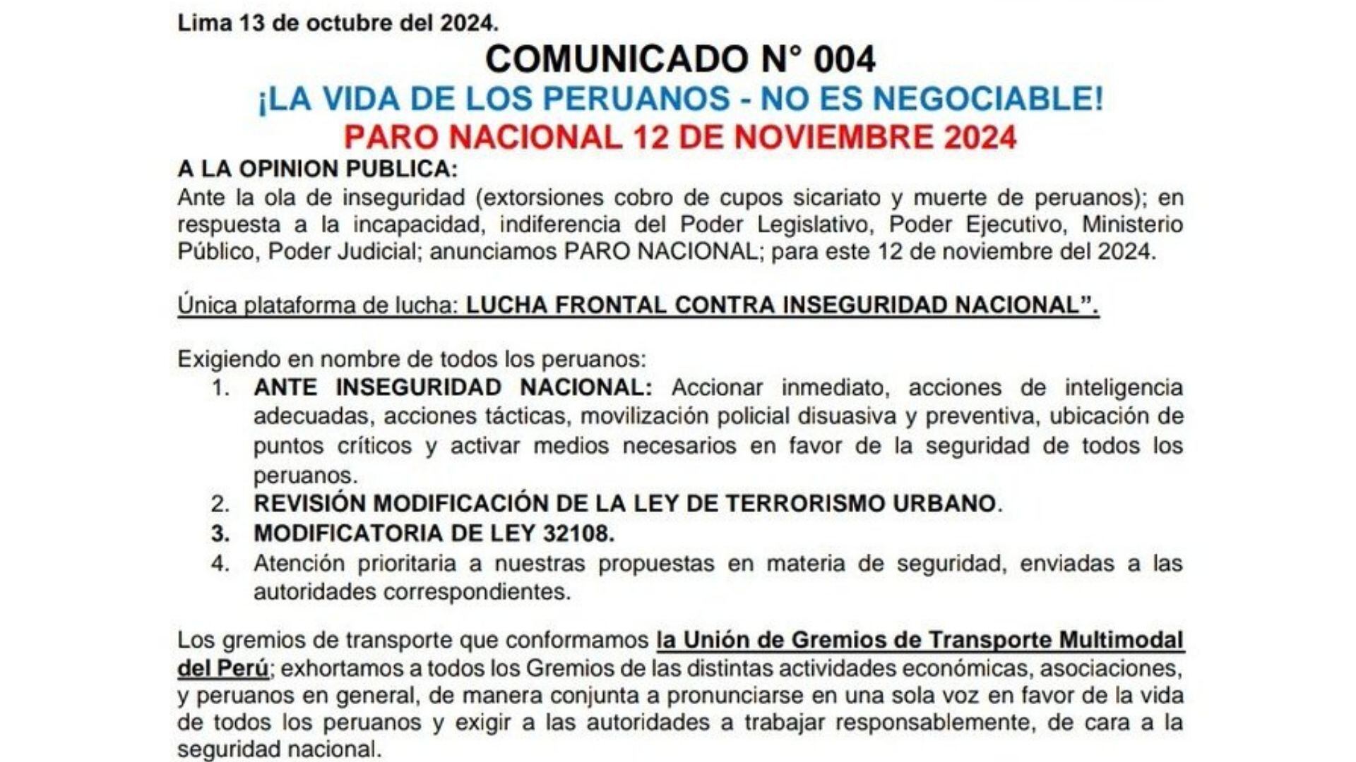 Comunicado de la Unión de Gremios de Transporte Multimodal del Perú.