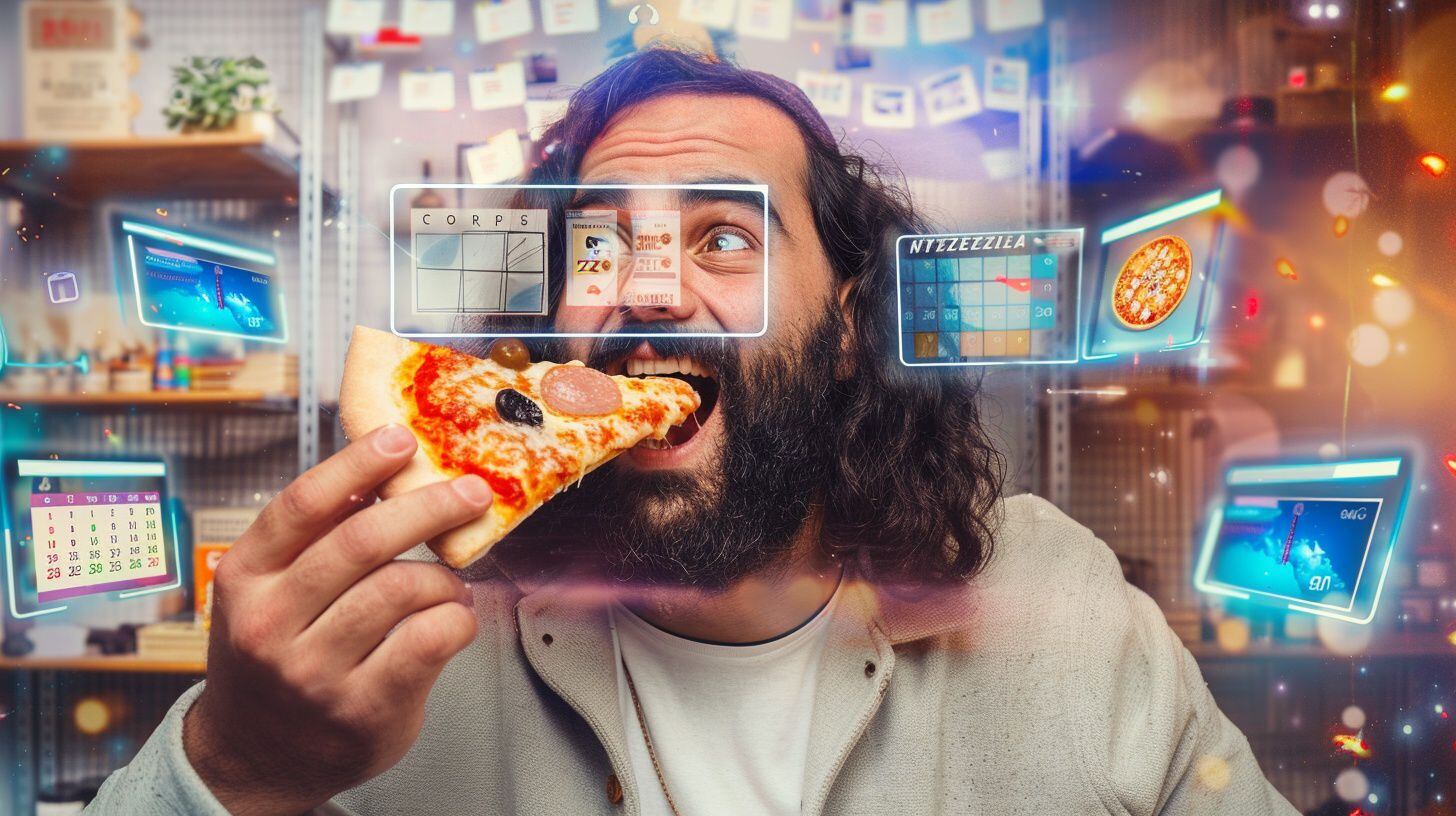 Un hombre holgazán come una porción de pizza mientras utiliza la IA -  (Imagen Ilustrativa Infobae)