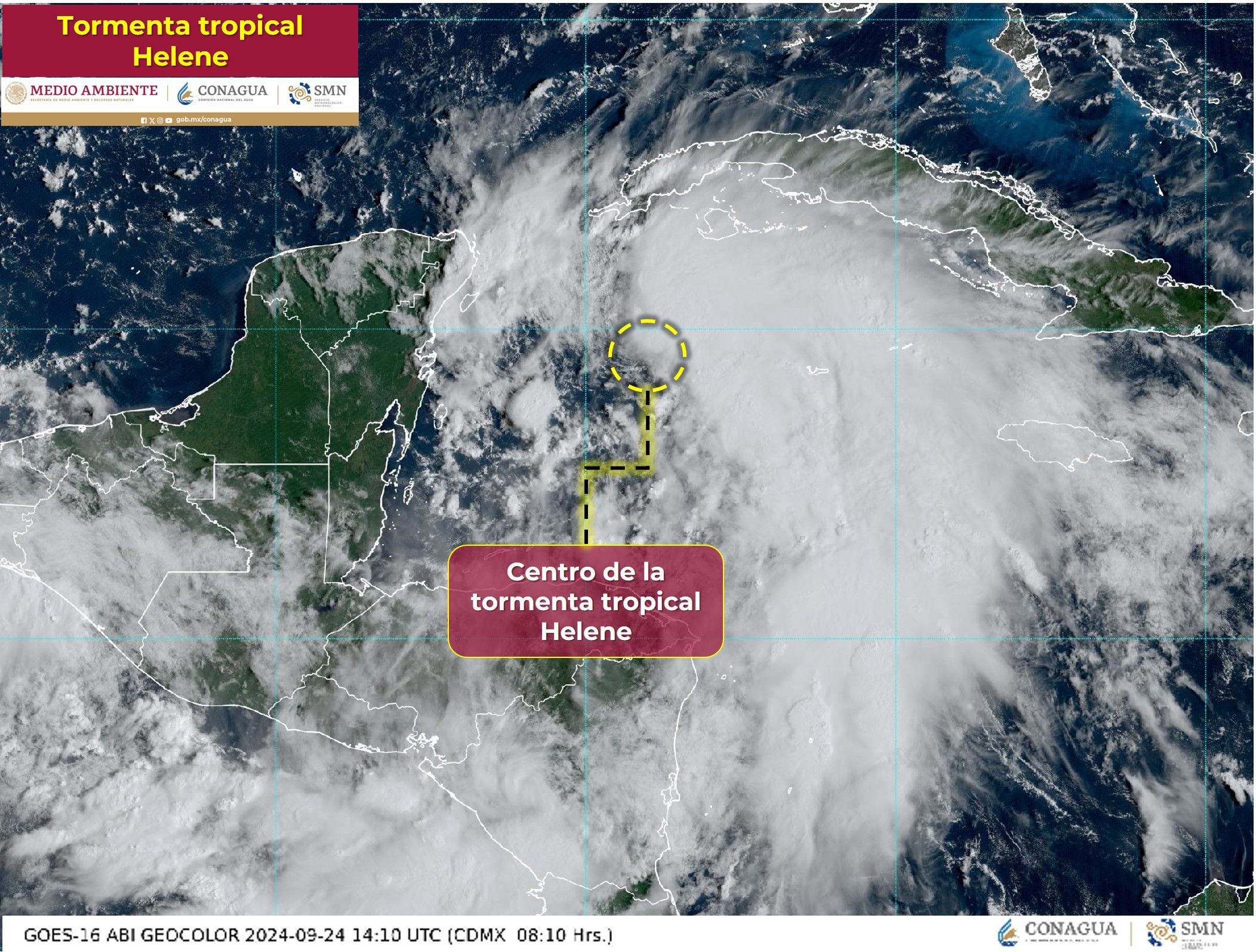 Ubicación del centro de la Tormenta Tropical Helene. (SSMN/Conagua)