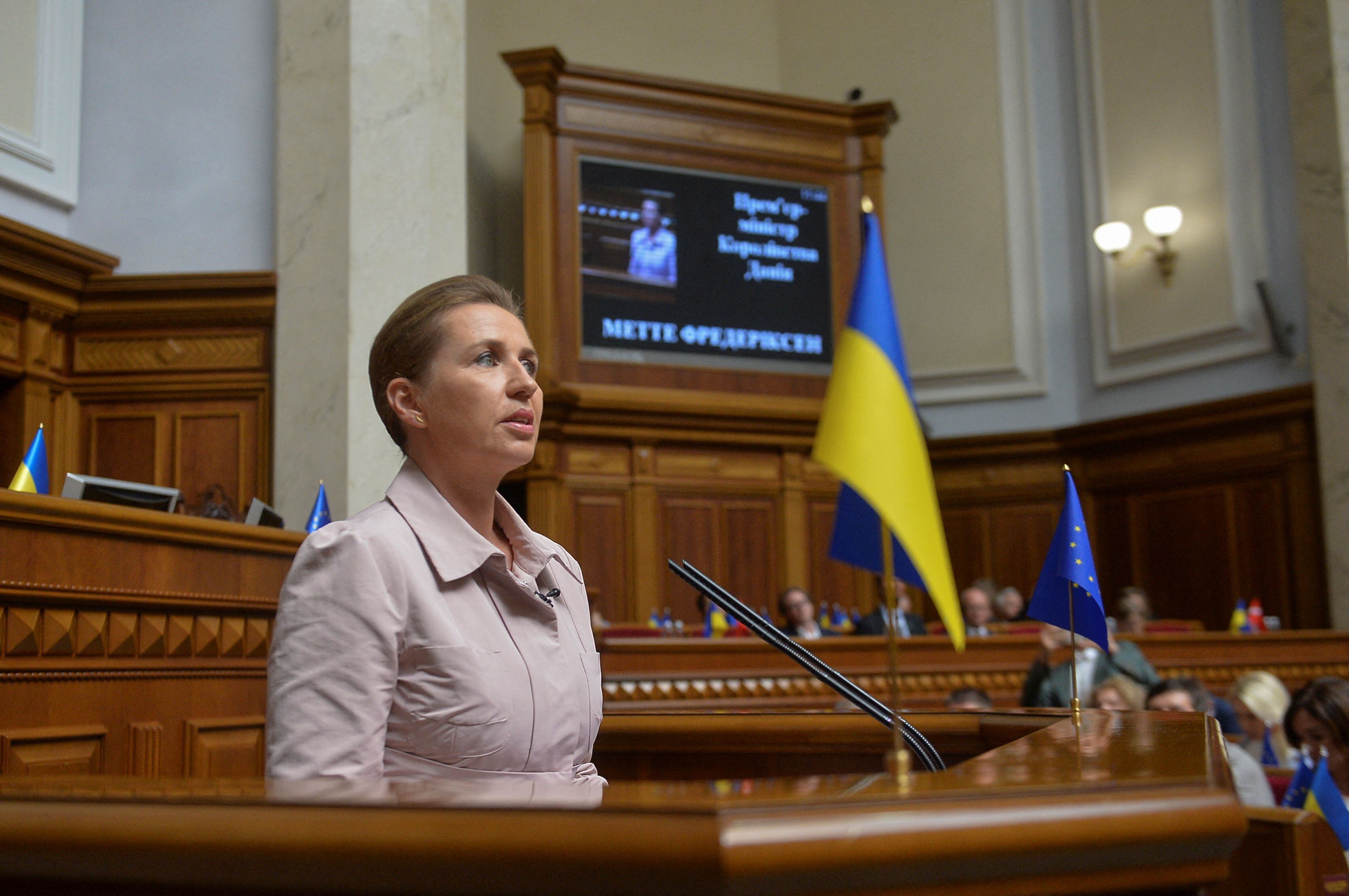  Mette Frederiksen pronunció un discurso ante el Parlamento ucraniano en la mañana. (REUTERS/Andrii Nesterenko)