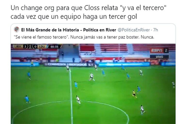 Mariano Closs relató el “famoso tercero” de River y los hinchas llenaron de memes las redes