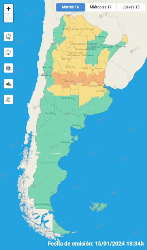 Alerta amarilla en 11 provincias y alerta por lluvias en Ushuaia (Foto: SMN)