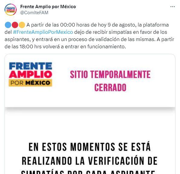 El Frente Amplio por México informó que el sitio permanecerá cerrado hasta las 18:00 horas. | Captura de pantalla