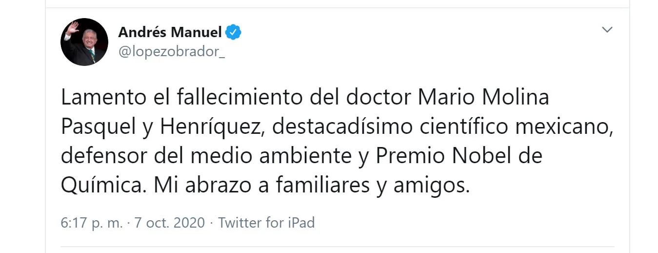 El presidente lamentó el deceso de Mario Molina (Foto: Twitter / @lopezobrador_)