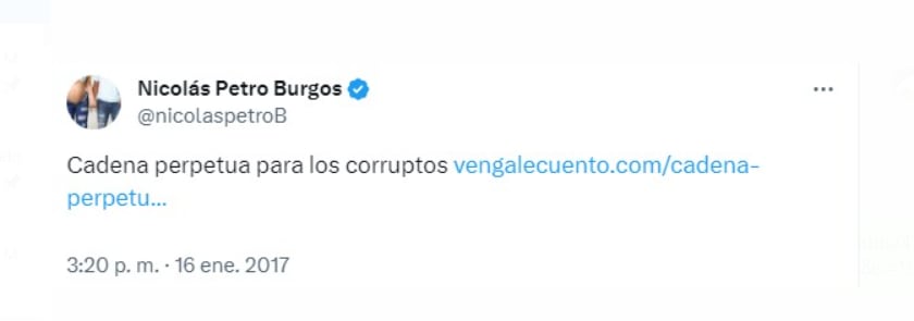 Nicolás Petro Burgos compartió su contundente opinión sobre la corrupción en el pasado y ahora se lo recalcan - crédito @nicolaspetroB/X