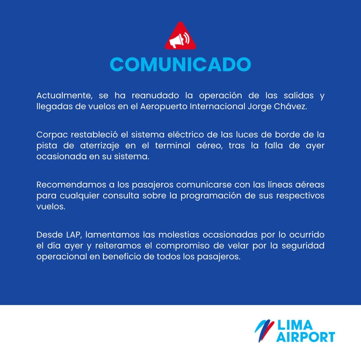 Comunicado de LAP sobre la reanudación de la llegada de vuelos al aeropuerto Jorge Chávez
