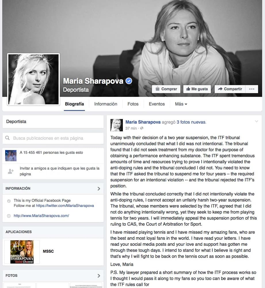 Sharapova comunicó en su perfil oficial de Facebook que apelará la sanción de la ITF