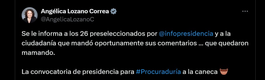 La senadora aseguró que los 26 preseleccionados quedaron "mamando" - crédito @AngelicaLozanoC/X