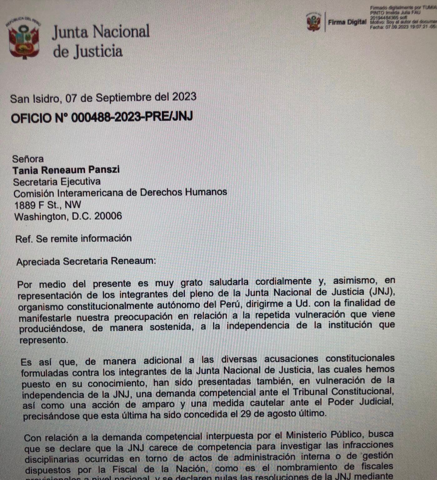 Carta enviada por la doctora Imelda Tumialán, presidenta de la Junta Nacional de Justicia, ante la secretaría ejecutiva de la CIDH. Fuente: Carlos Paredes.