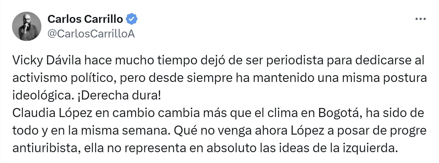 Ex concejal Carlos Carrillo también se fue en contra Claudia López - crédito X