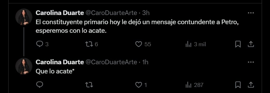 La actriz Carolina Duarte publicó sobre la cantidad de personas que salieron a las calles - crédito @CaroDuarteArte/X