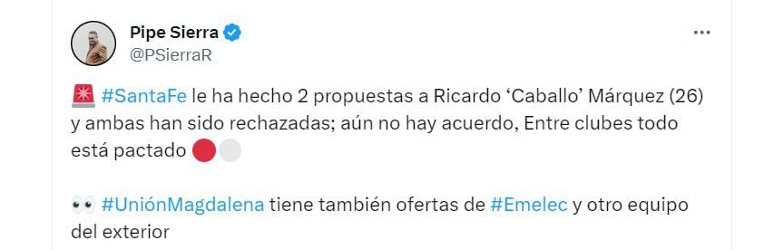 Ricardo Márquez no llegaría por rechazar la oferta salarial y saldría al fútbol internacional - crédito @PSierraR/X
