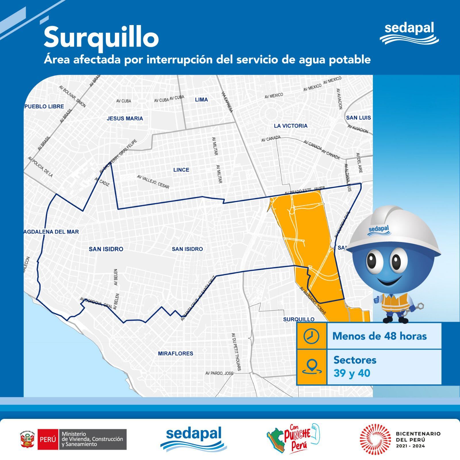 Mapa de las zonas que serán afectadas por el corte de agua en Surquillo y horarios en que se suspenderá el servicio | Crédito: Sedapal.