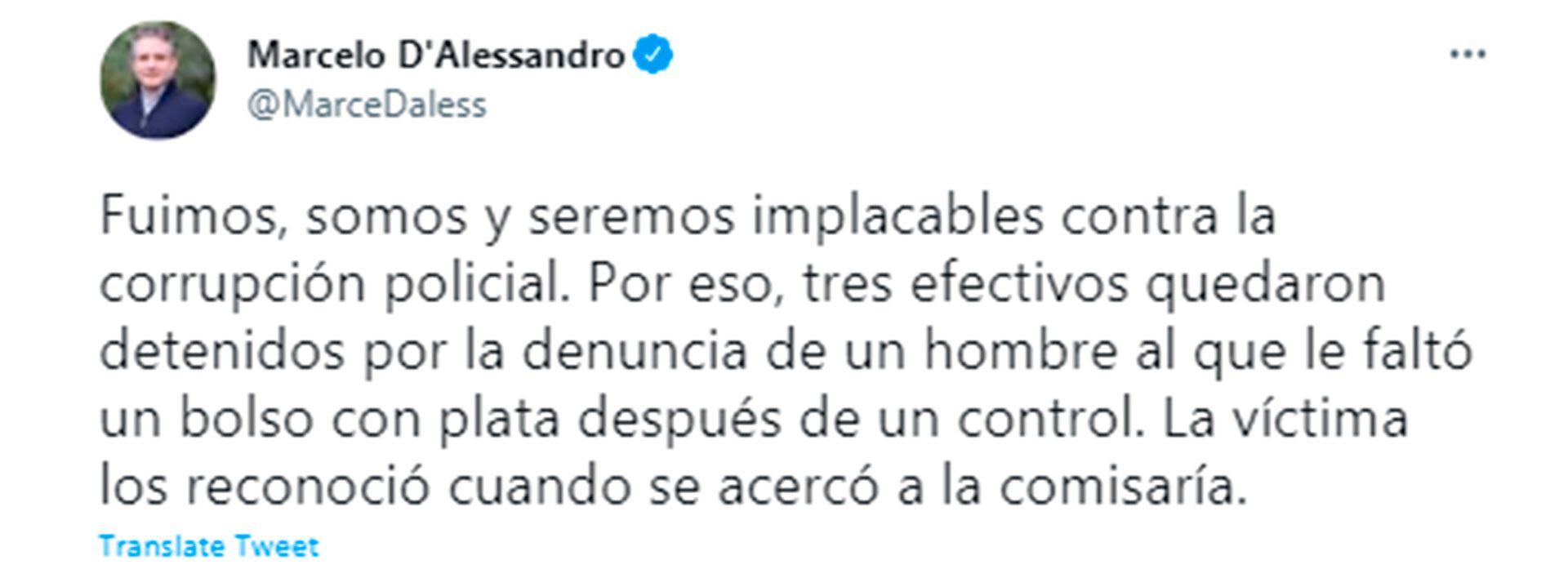 Marcelo D'Alessandro, ministro de Seguridad y Justicia de la Ciudad de Buenos Aires, repudió el accionar de tres agentes de la Policía de la Ciudad que fueron desafectados de sus cargos tras robarle 500 mil pesos a un hombre de nacionalidad boliviana. 