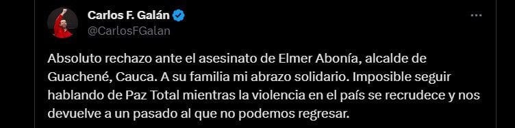 Carlos Fernando Galán, alcalde electo de Bogotá, dijo que no se puede seguir con negociaciones con grupos armados ante hechos de violencia como en Guachené - crédito @CarlosFGalan/X