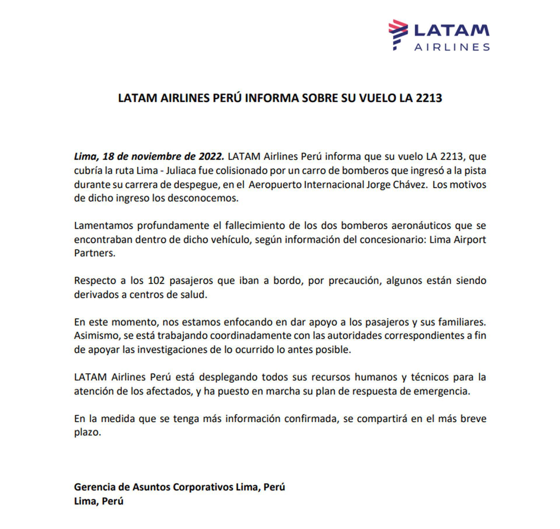 Nuevo comunicado de Latam donde lamentan la muerte de dos bomberos