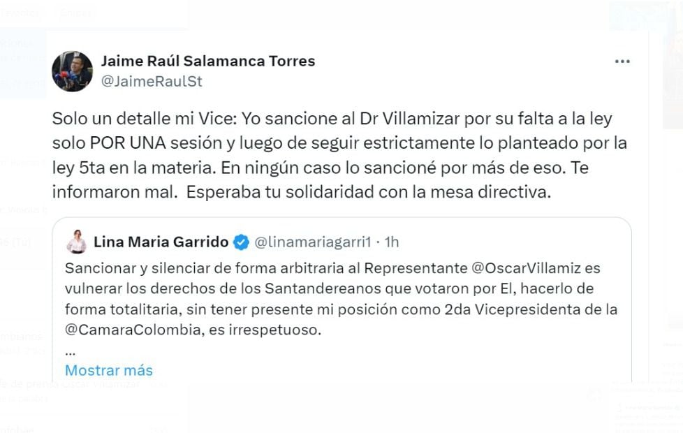 Este fue el mensaje del presidente de la Cámara, Jaime Raúl Salamanca, tras la sanción emitida al representante Óscar Villamizar - crédito @JaimeRaulSt/X