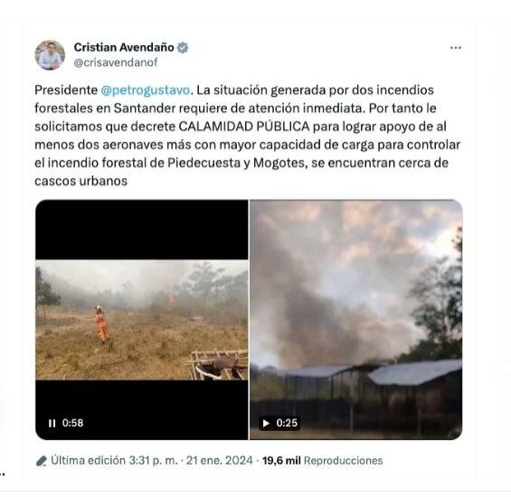 Cristian Avendaño pidió declaratoria de calamidad pública en Santander